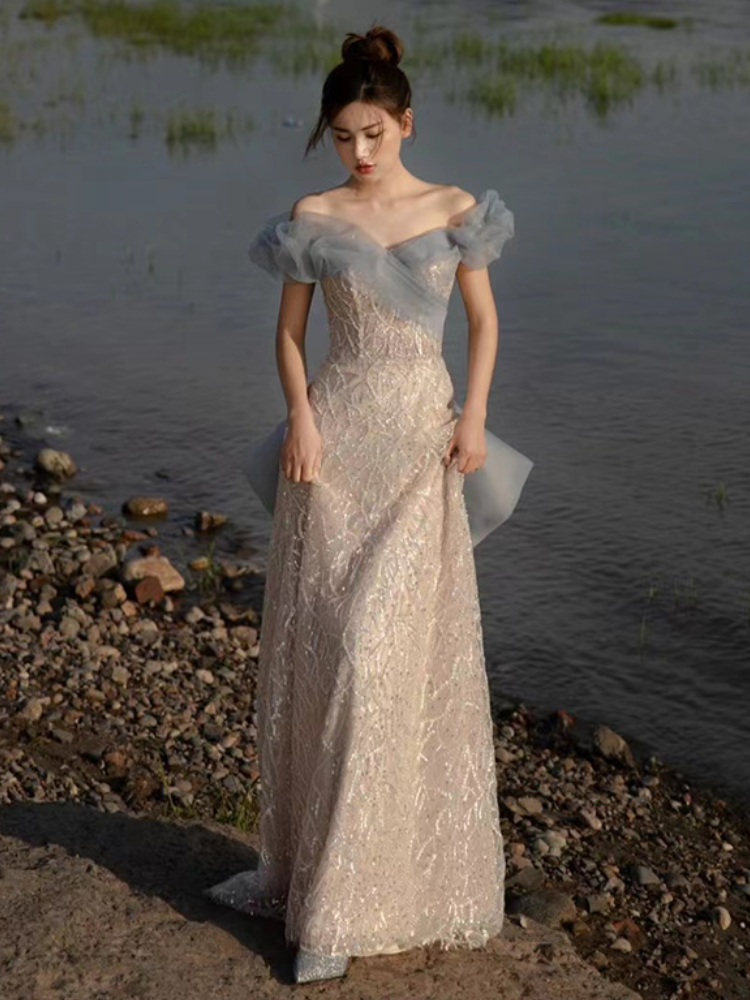 法式晚礼服高端轻奢小众气质一字肩主持人女订婚敬酒服新娘高级感