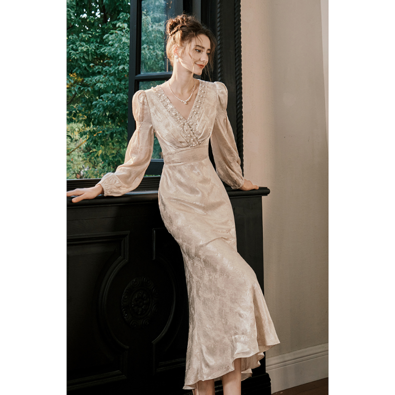 GJFD【檀木雪】法式高级长袖连衣裙订婚轻奢鱼尾千金气质礼服
