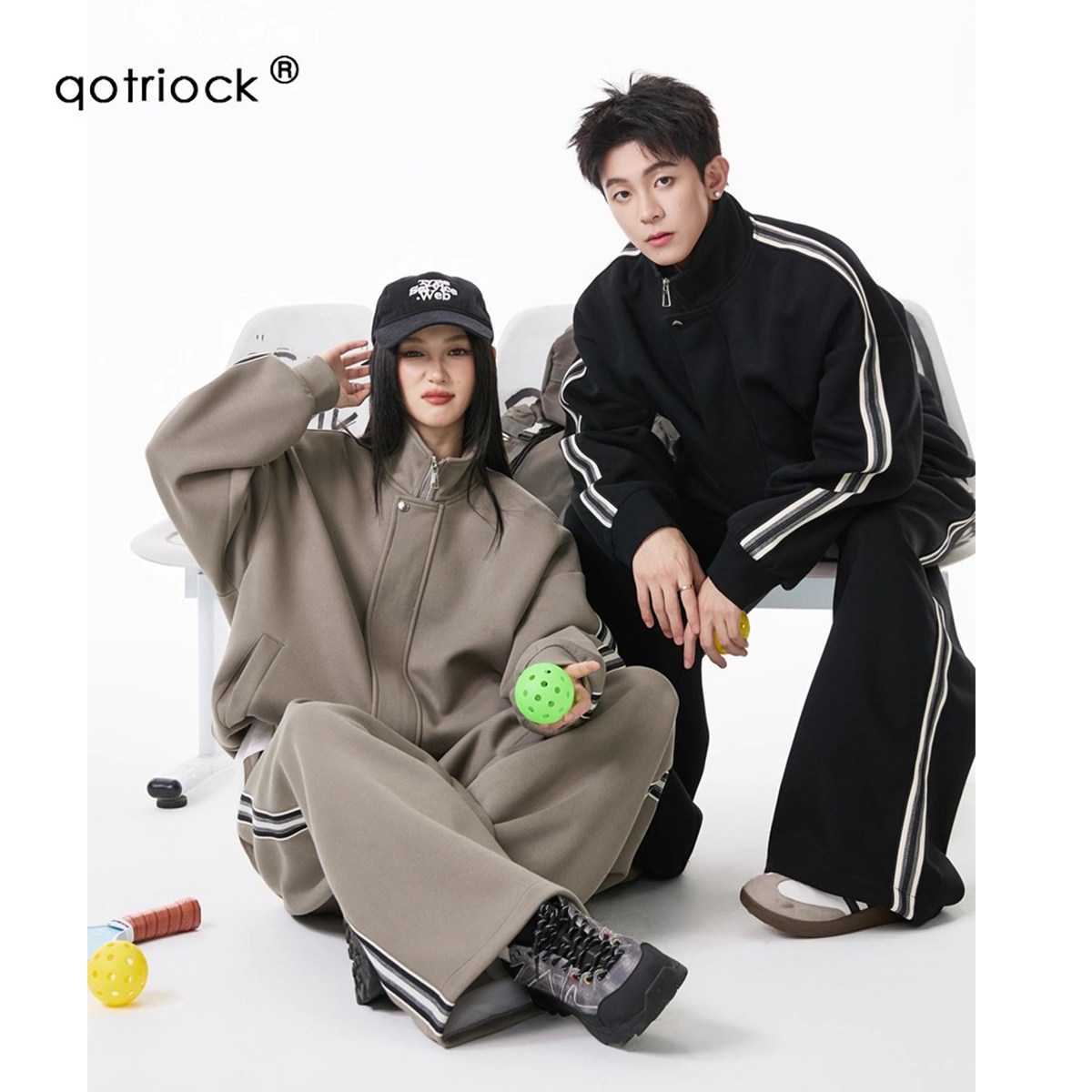 美式立领撞色织带卫衣套装男秋季潮牌宽松休闲长裤运动休闲两件套