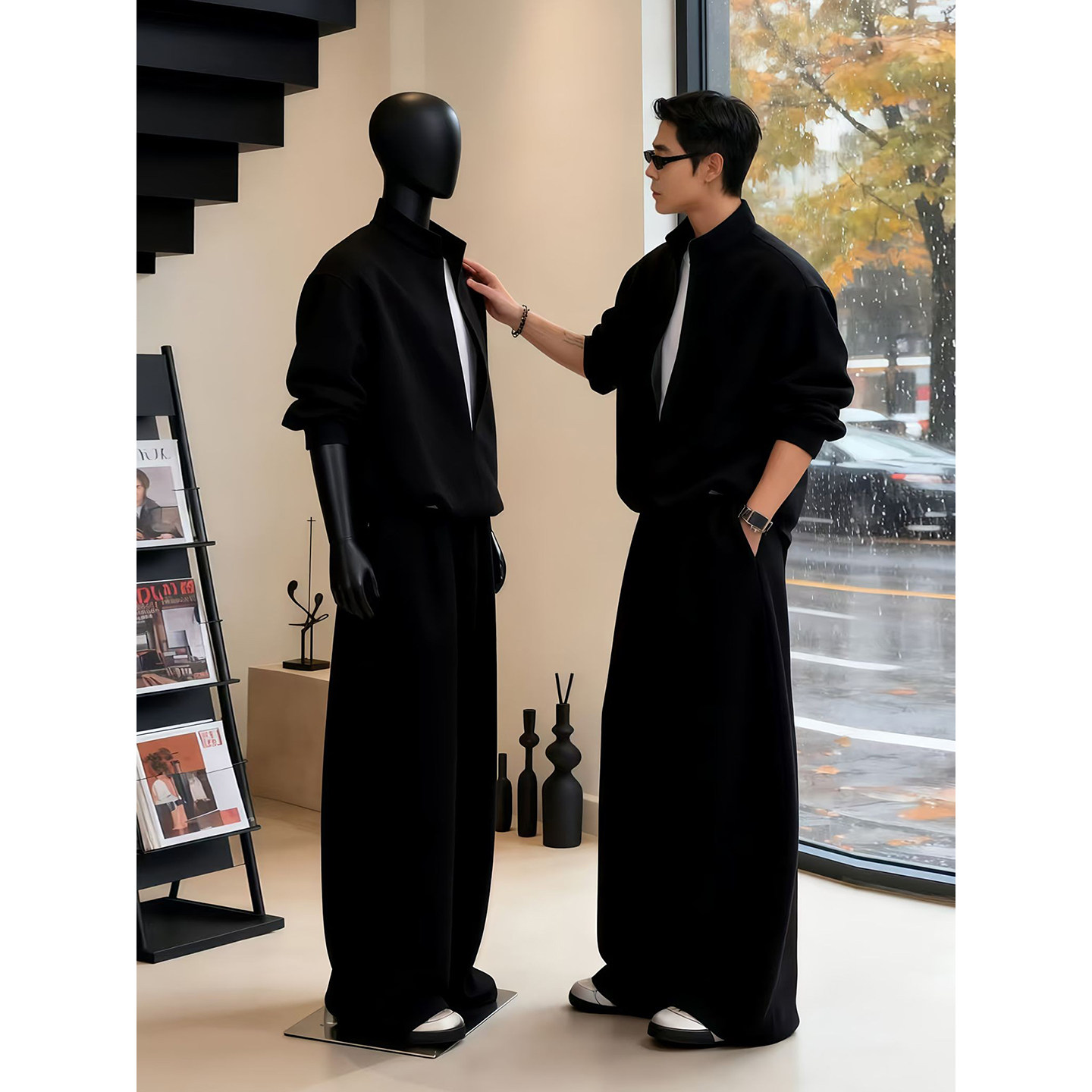 黑色假两件v领卫衣男模高级感穿搭一整套韩系老钱风重磅阔腿卫裤