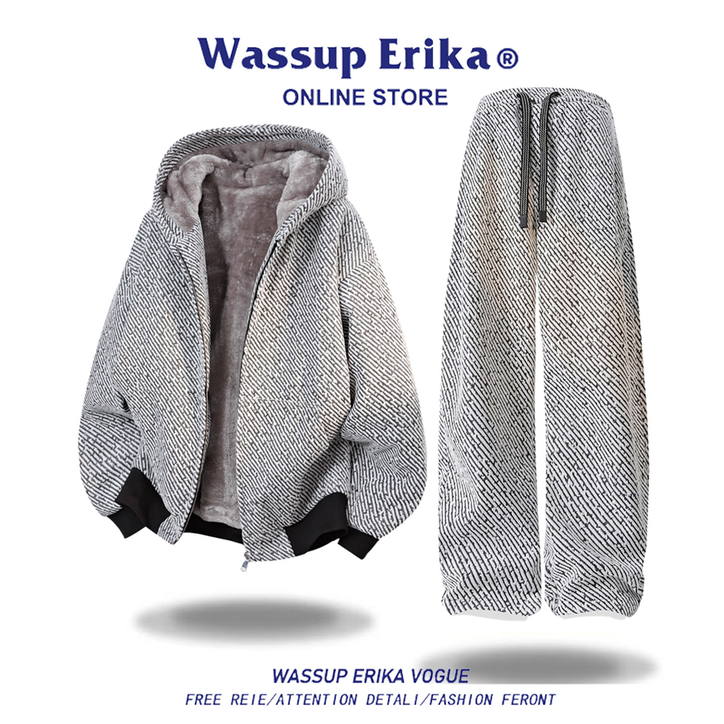 WASSUP ERIKA加绒卫衣卫裤套装男冬季新款潮牌连帽棉