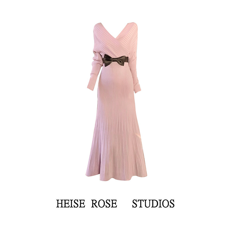 韩系性感辣妹名媛风气质V领针织连衣裙女秋冬季新款修身显瘦长裙