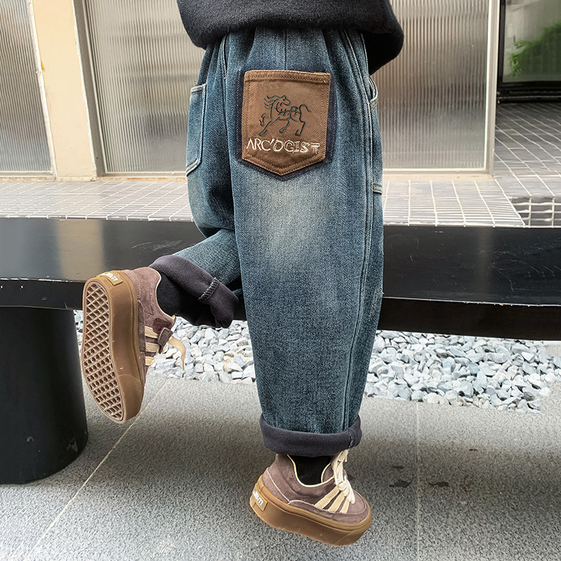 男童加绒牛仔裤2025秋冬新款儿童加绒加厚一体绒保暖长裤子冬
