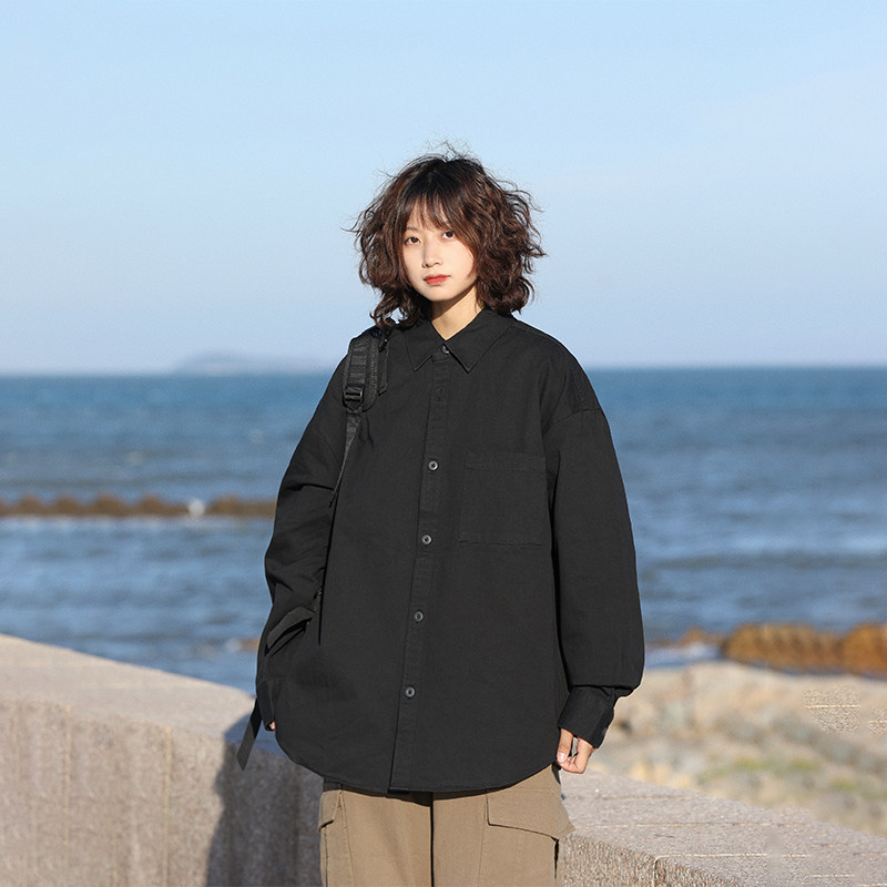阿于呆复古纯色纯棉重磅长袖衬衫男春秋宽松廓形美式百搭衬衣女潮