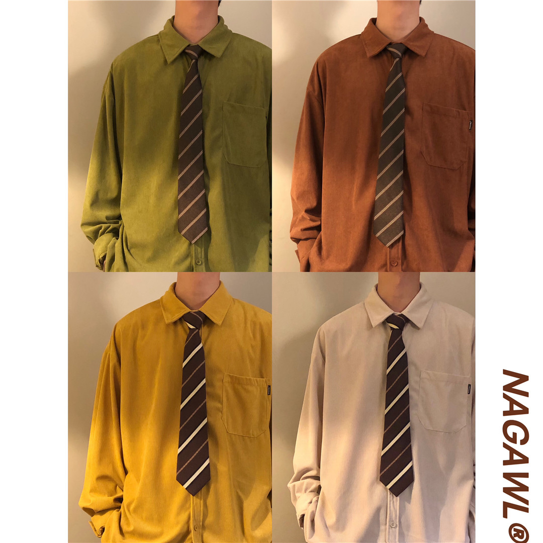 NAGAWL2025秋春美式复古百搭简约灯芯绒长袖衬衫男打底