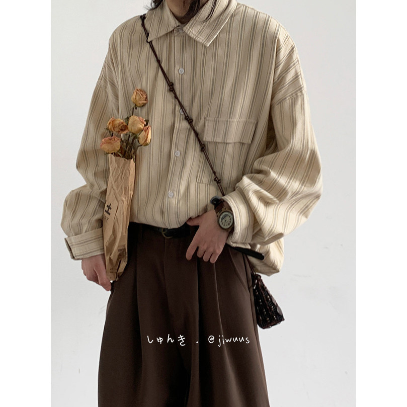 秋冬季日系复古cityboy细条纹衬衫男女学院风宽松休闲灯芯