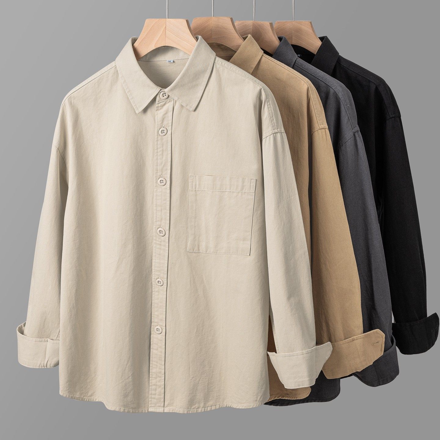 美式重磅纯色纯棉长袖衬衫男秋季新款宽松休闲百搭衬衣外套上衣潮