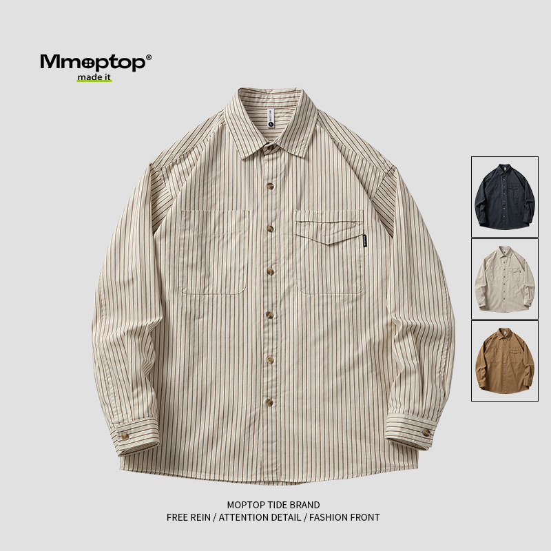 Mmoptop秋季条纹国潮简约休闲衬衫男士开衫百搭复古长袖衬