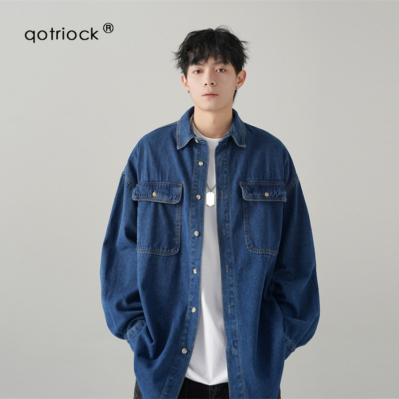 QOTRIOCK美式牛仔长袖衬衫男女秋冬新款潮牌宽松水洗工装