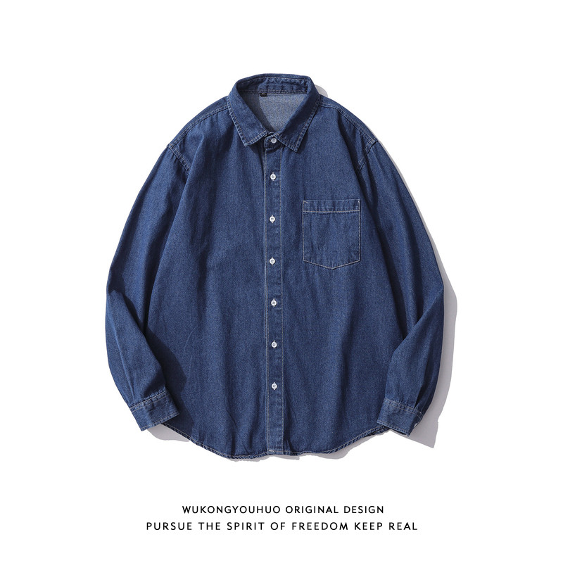 悟空有货日系复古做旧长袖牛仔衬衫男潮牌宽松bf风休闲情侣薄外