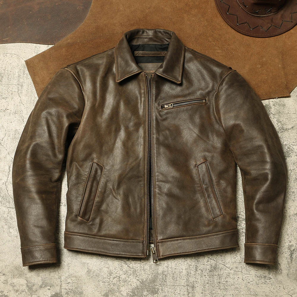 1930复古做旧机车皮衣 龟裂纹厚软牛皮外套 男女工装款真皮