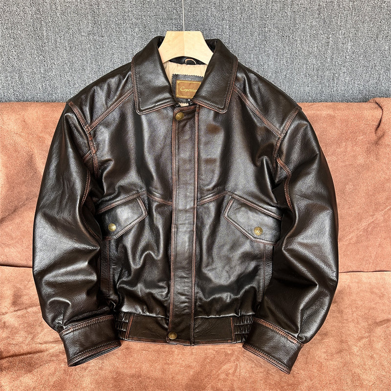 经典港风阔版头层牛皮真皮夹克男手工擦色宽松加大码飞行服皮衣