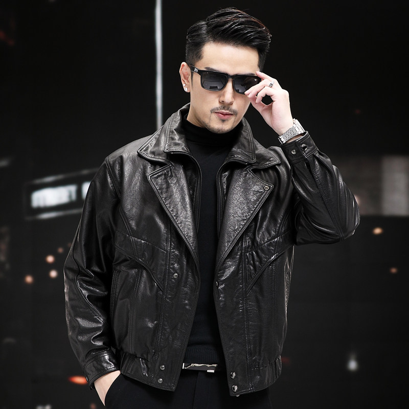 海宁真皮皮衣男猎装头层牛皮夹克桑蚕丝宽松立领皮外套机车款加厚