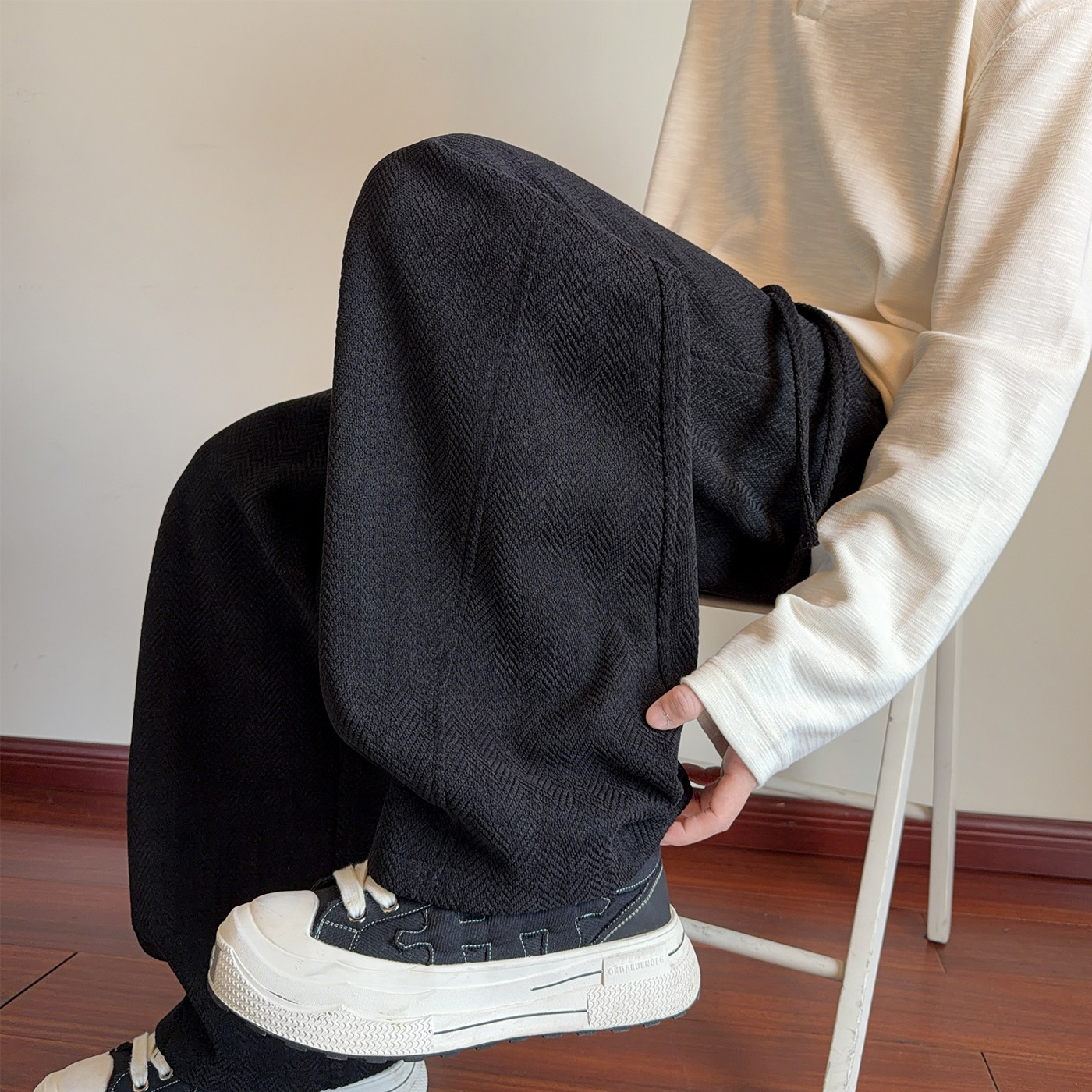 ESSEFAUST秋冬黑色加绒麦穗纹休闲裤男潮流痞帅宽松百搭