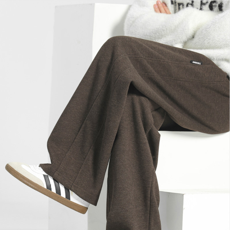 加绒羊毛裤子男士休闲裤宽松卫裤冬季男裤毛呢加厚阔腿直筒糯米裤