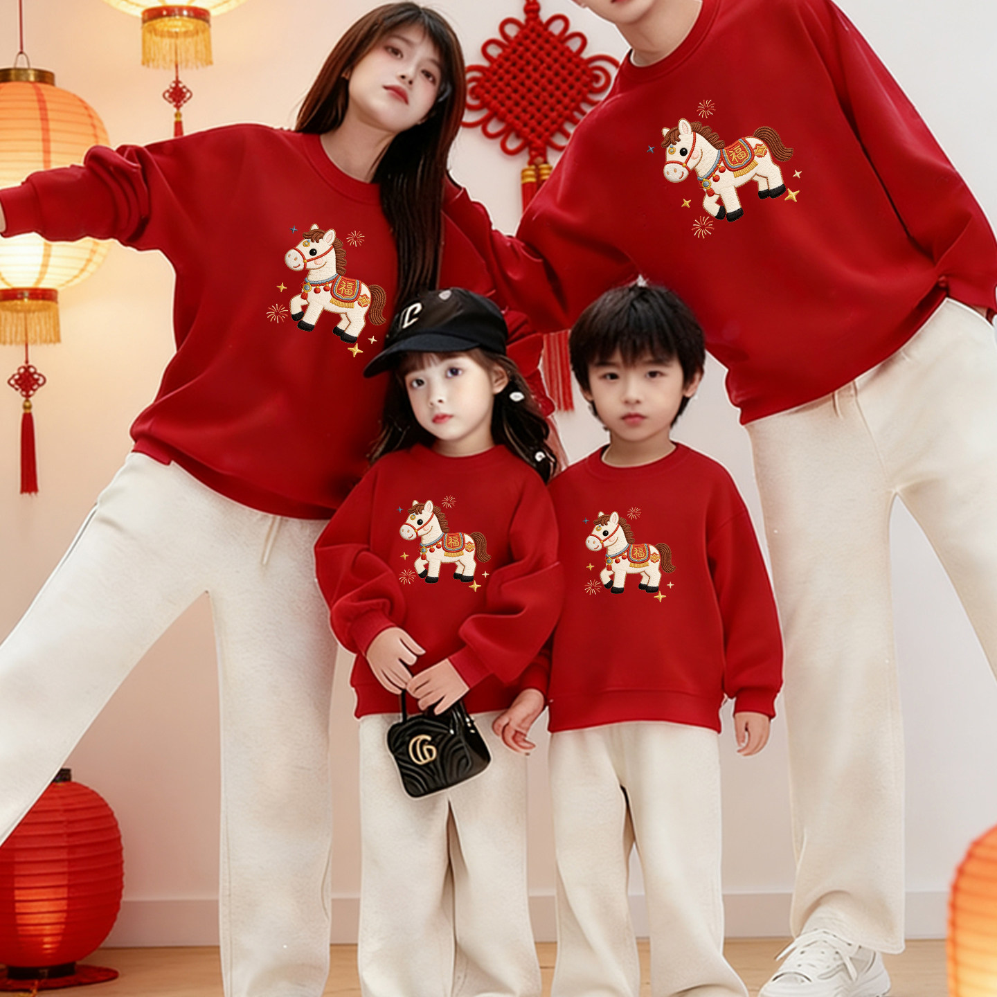 过新年红色亲子装一家三口四口2026秋冬本命马年卫衣童装班服
