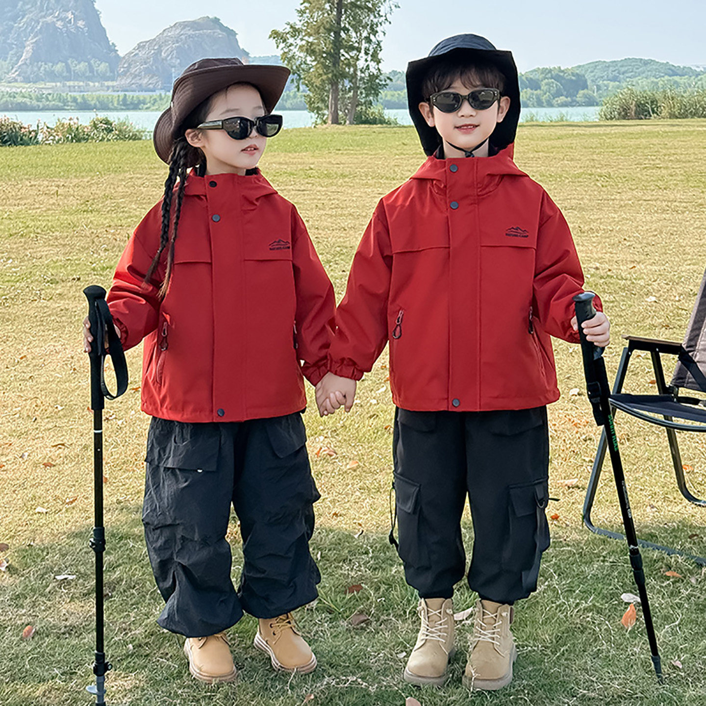 儿童三合一冲锋衣秋冬款女童红色夹棉外套男童加厚三防登山户外服