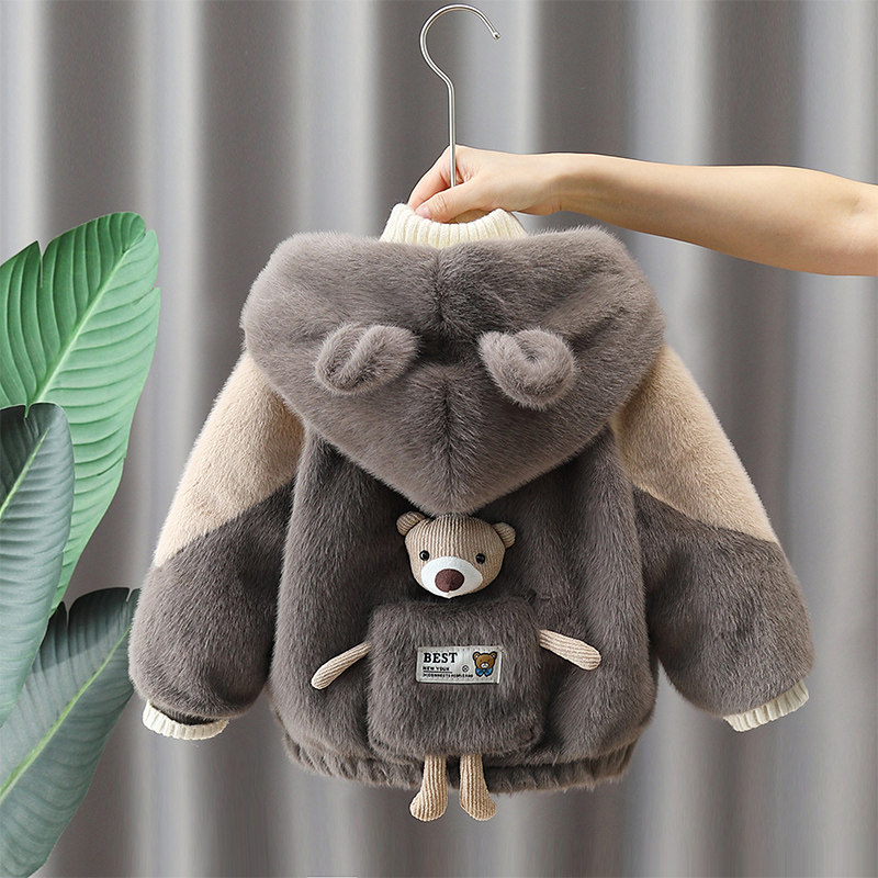 男童毛毛衣冬款2026新款儿童加绒加厚棉衣宝宝连帽卡通小熊棉