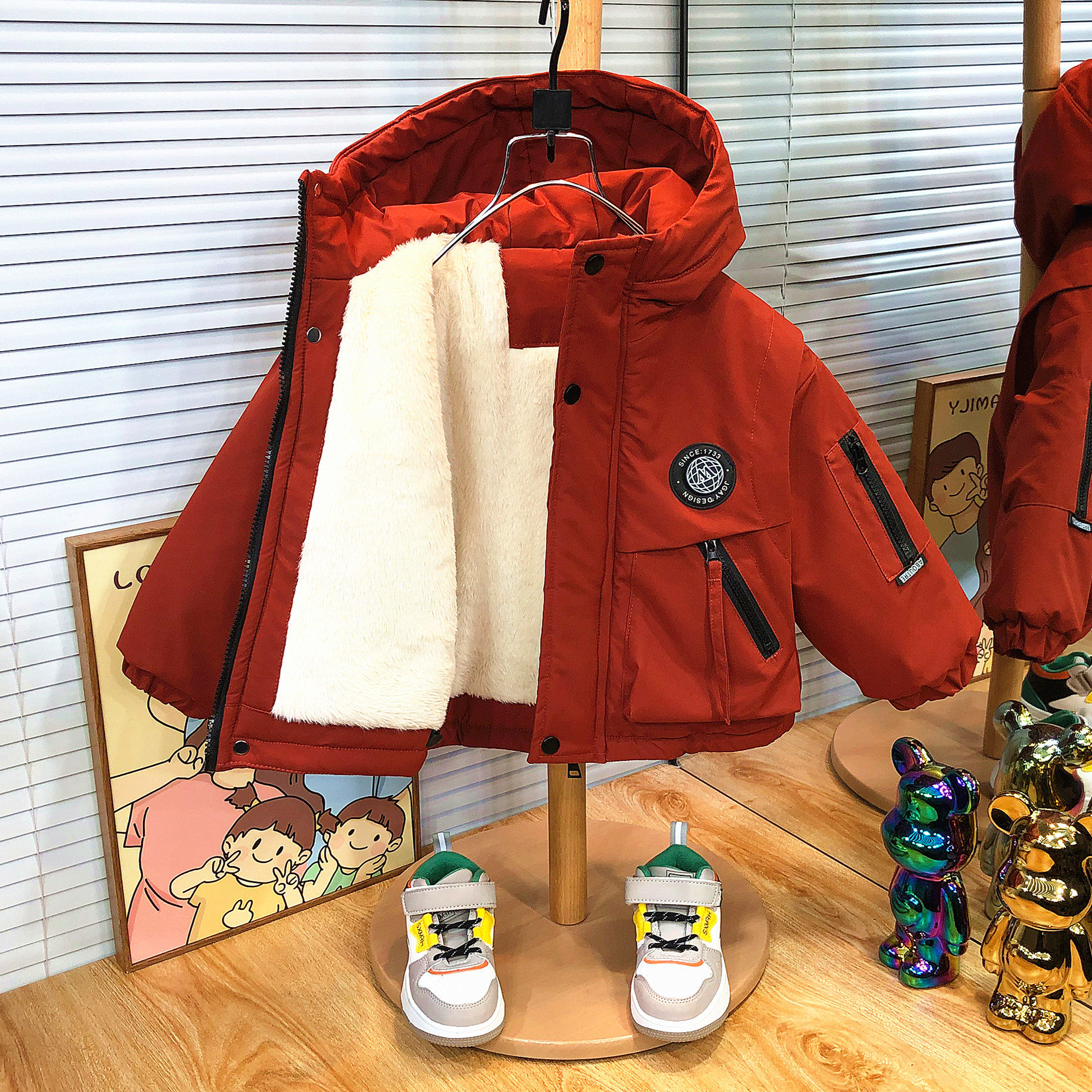 男童加绒加厚外套秋冬季2026新款宝宝棉服红色拜年服儿童冬装