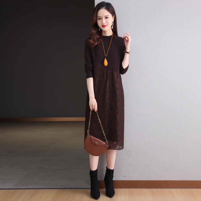 配大衣连衣裙2025新款女春秋冬高档拼接蕾丝裙针织内搭羊毛打