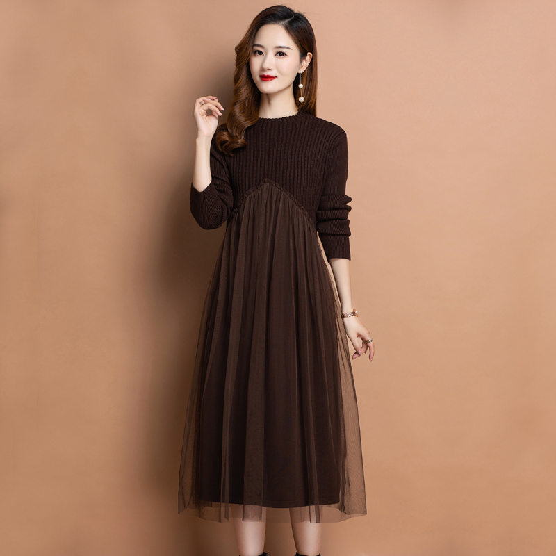 恒源祥秋冬中长款羊毛衫网纱裙女装蕾丝羊绒毛衣裙子针织衫连衣裙