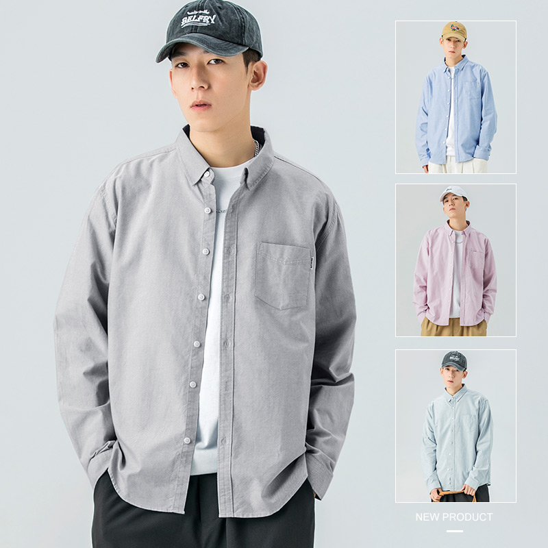 WOODSOON男士衬衫长袖春秋季纯棉纯色衬衣休闲宽松轻熟风