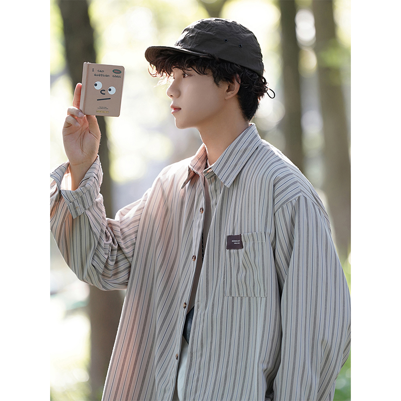 日系条纹长袖衬衫男冬季港风设计感痞帅翻领衬衣休闲百搭宽松外套