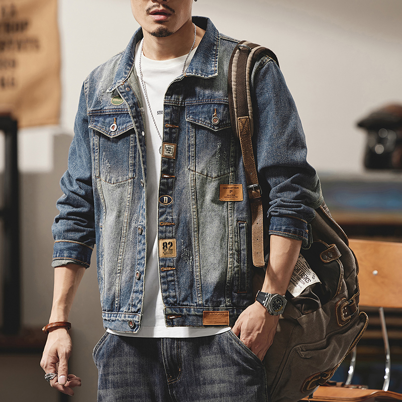 潮牌复古怀旧牛仔外套男秋冬款潮牌欧洲站徽章大码飞行员机车夹克