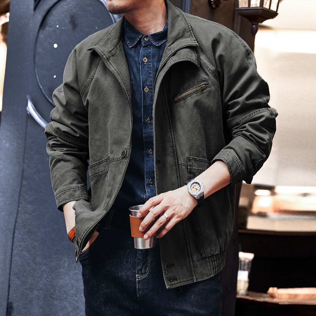 格蓝鹿美式复古重磅工装外套男秋冬季宽松潮牌重磅猎装牛仔夹克男