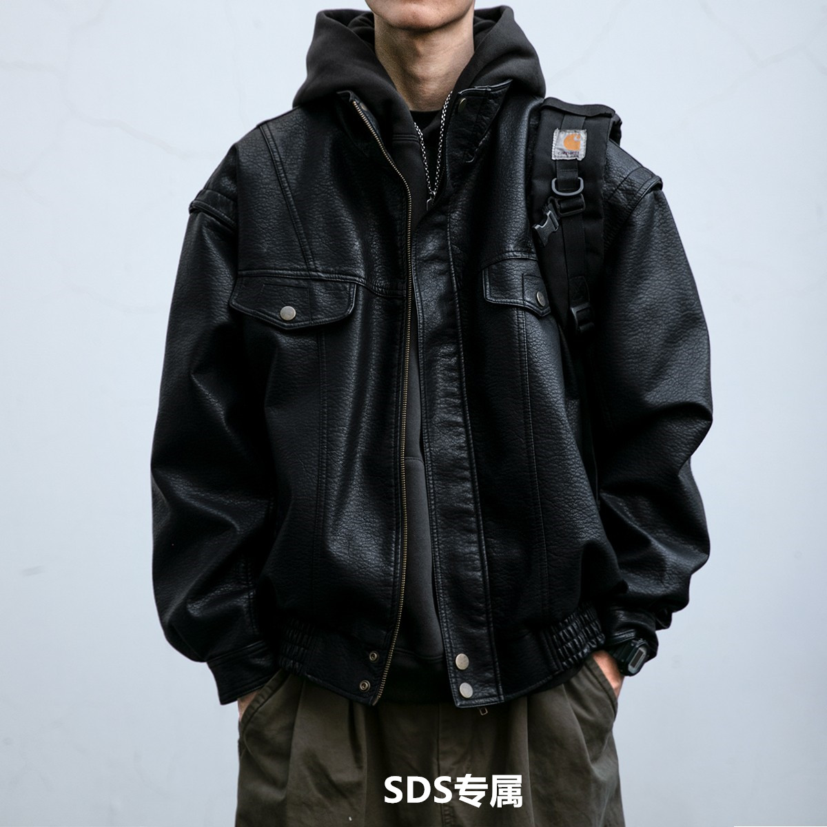 高端真皮皮衣外套男秋冬季加厚痞帅短款立领机车服复古荔枝纹夹克