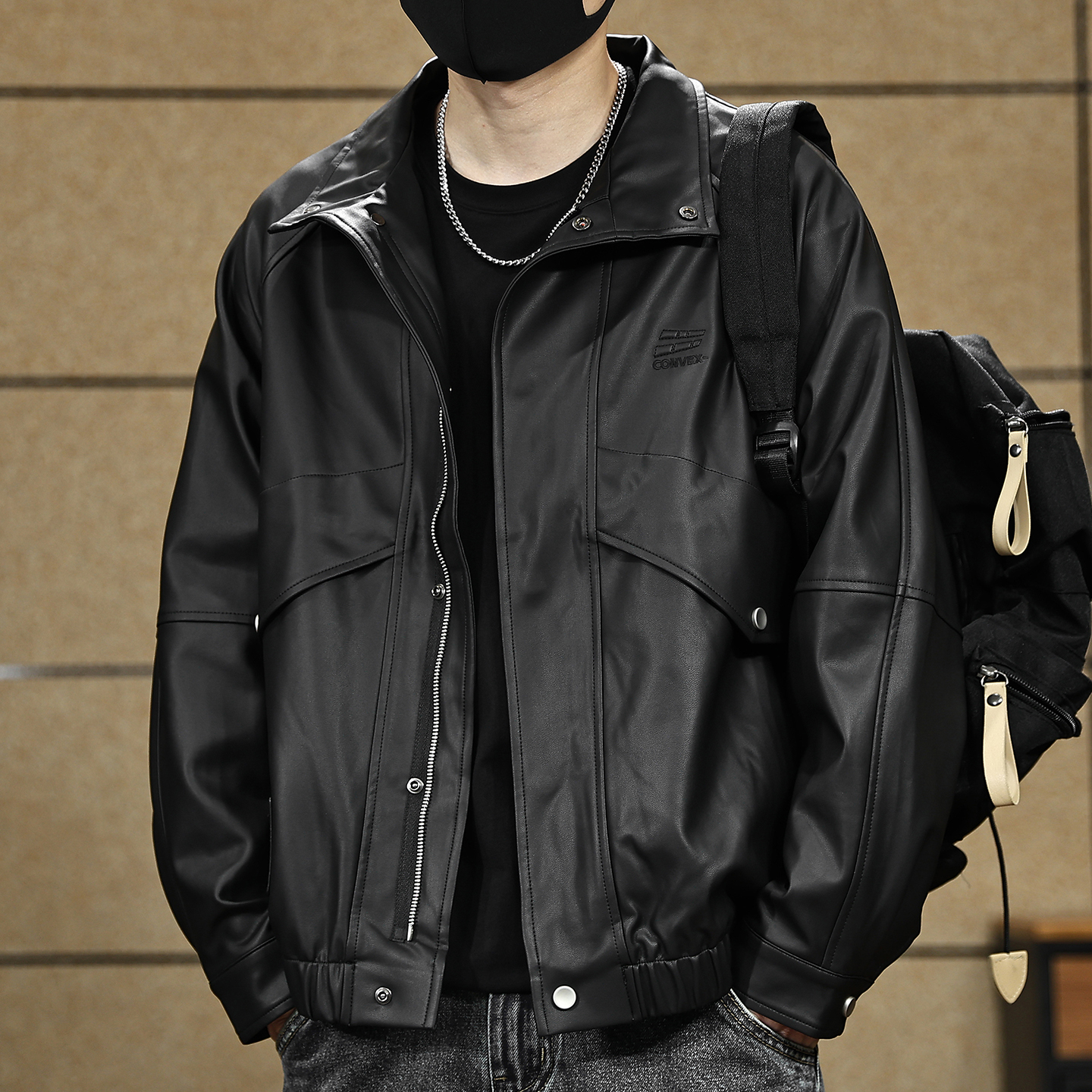 美式高街PU皮夹克男士飞行员皮衣春秋季潮牌百搭立领防风大码外