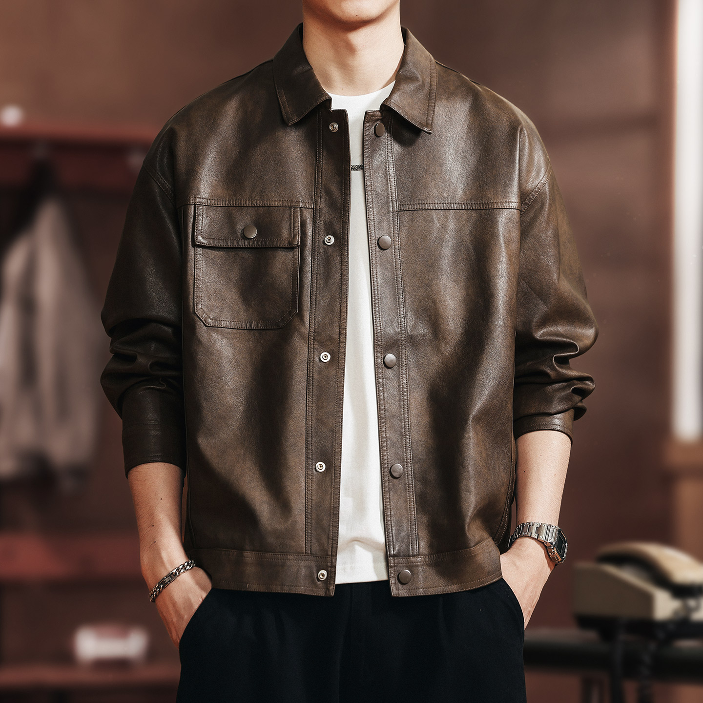 格蓝鹿美式户外机车时尚潮流休闲皮衣外套男秋季新款复古痞帅夹克