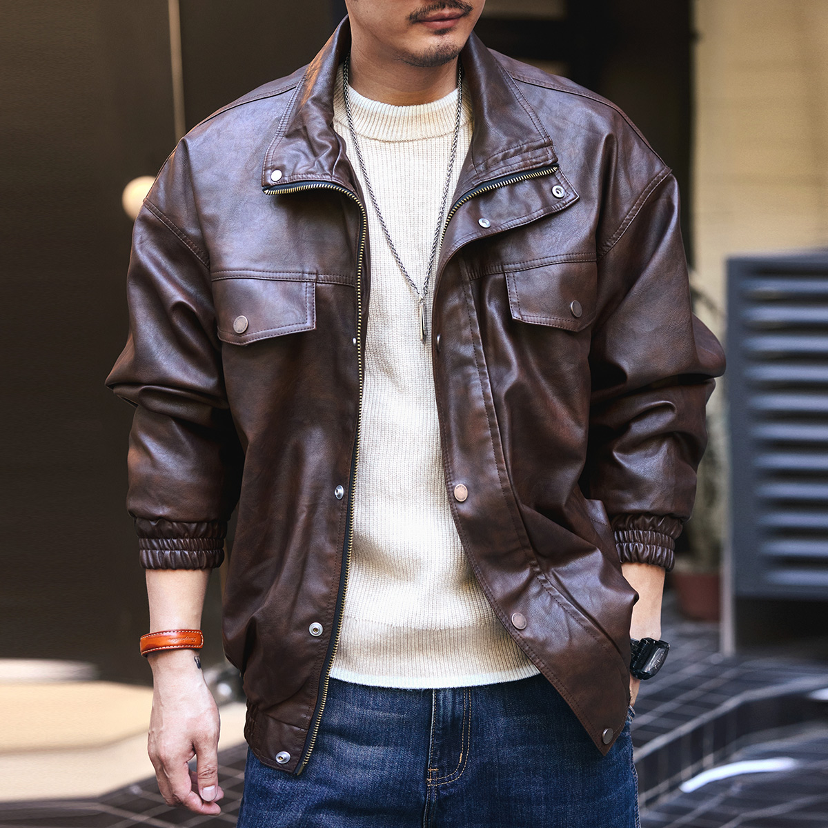 格蓝鹿美式复古软皮衣外套男秋季潮牌宽松机车阿美咔叽硬汉皮夹克