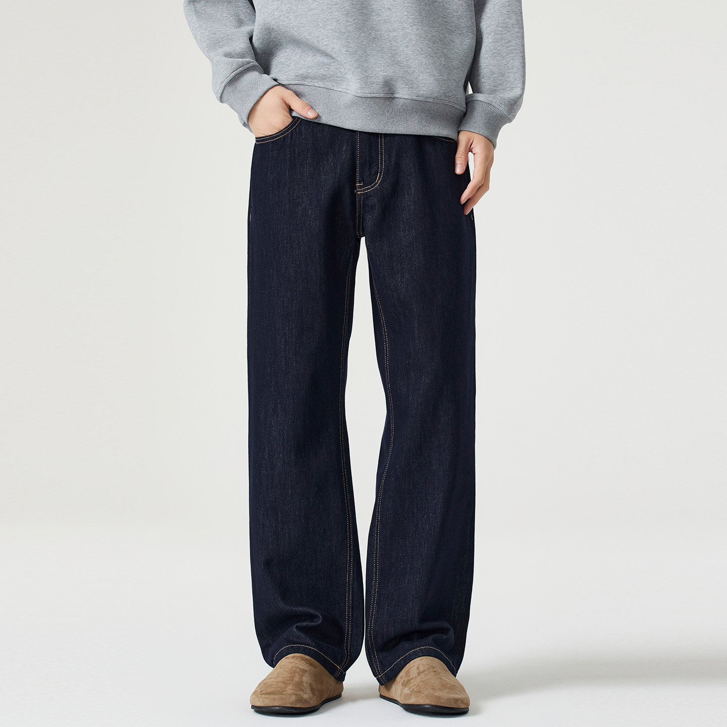 Kuvine秋冬季宽松直筒加绒原色牛仔裤男款cleanfit