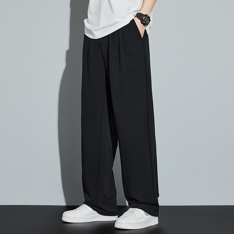 秋冬季垂感松紧腰针织加绒西裤直筒裤男款高级感黑色休闲裤