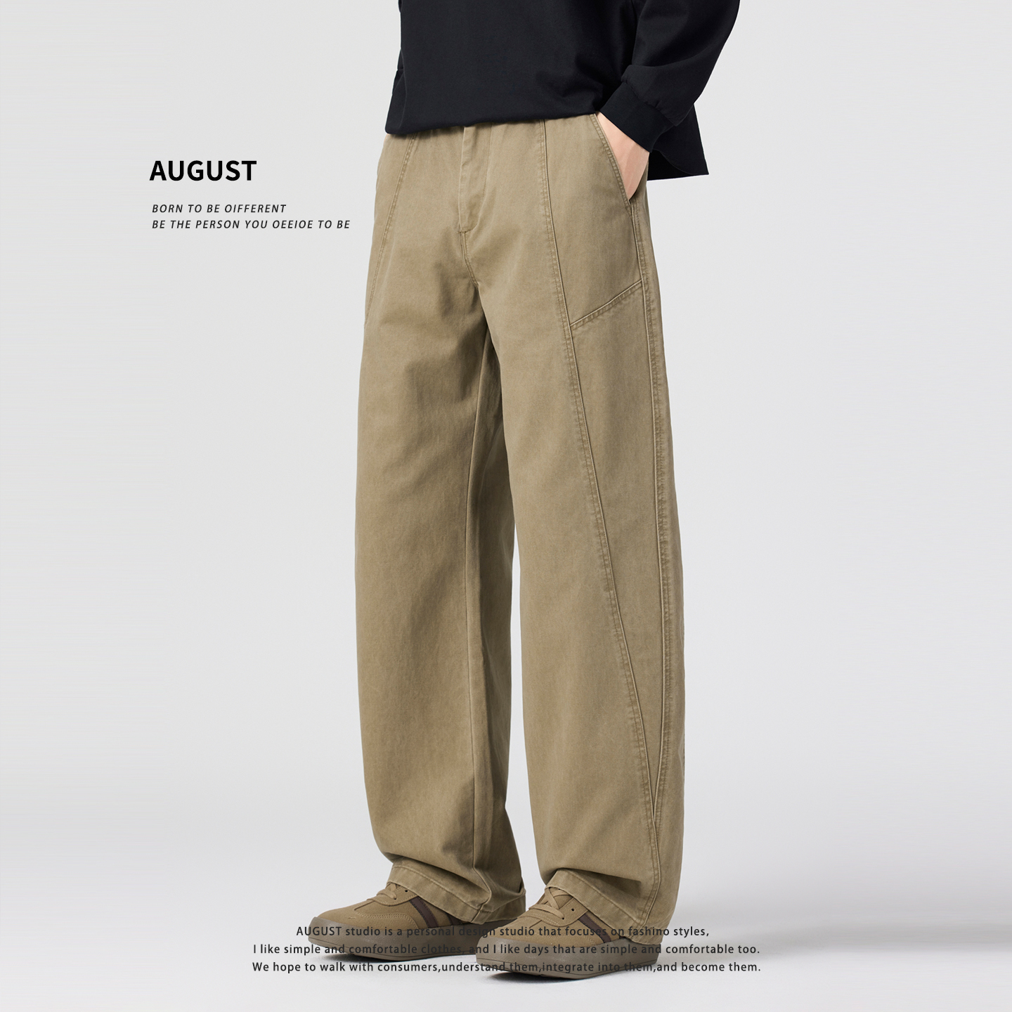 August卡其工装休闲裤男款宽松直筒长裤纯棉加绒加厚裤子男