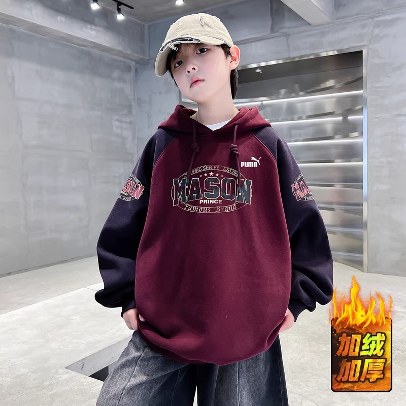 奥莱专柜男童连帽卫衣加绒加厚拼色字母印花中大儿童男孩百搭上衣