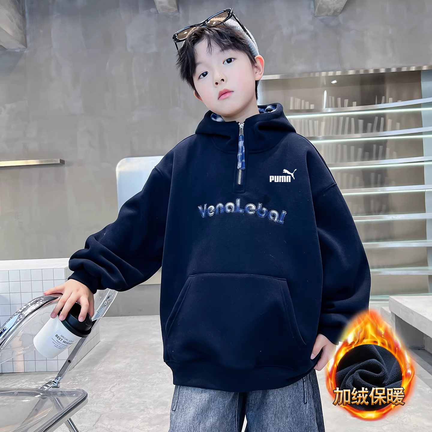 奥莱专柜男童冬装加绒连帽卫衣2025新款大童秋冬男孩加厚冬季