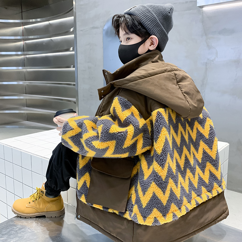 法国童装男童冬装连帽毛毛衣拼色2025新款儿童加绒加厚外套冬