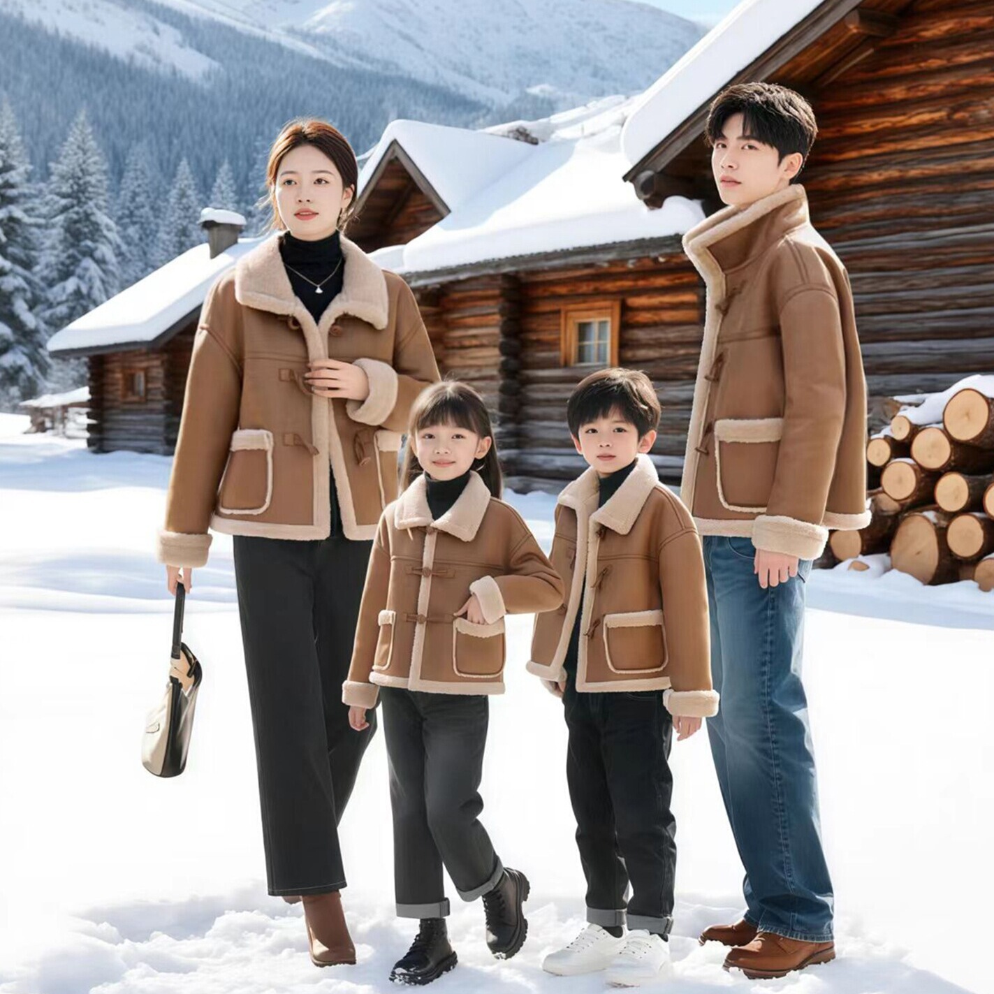 2025冬季一家三口四口亲子装羊羔毛皮毛一体外套棉服父子母女