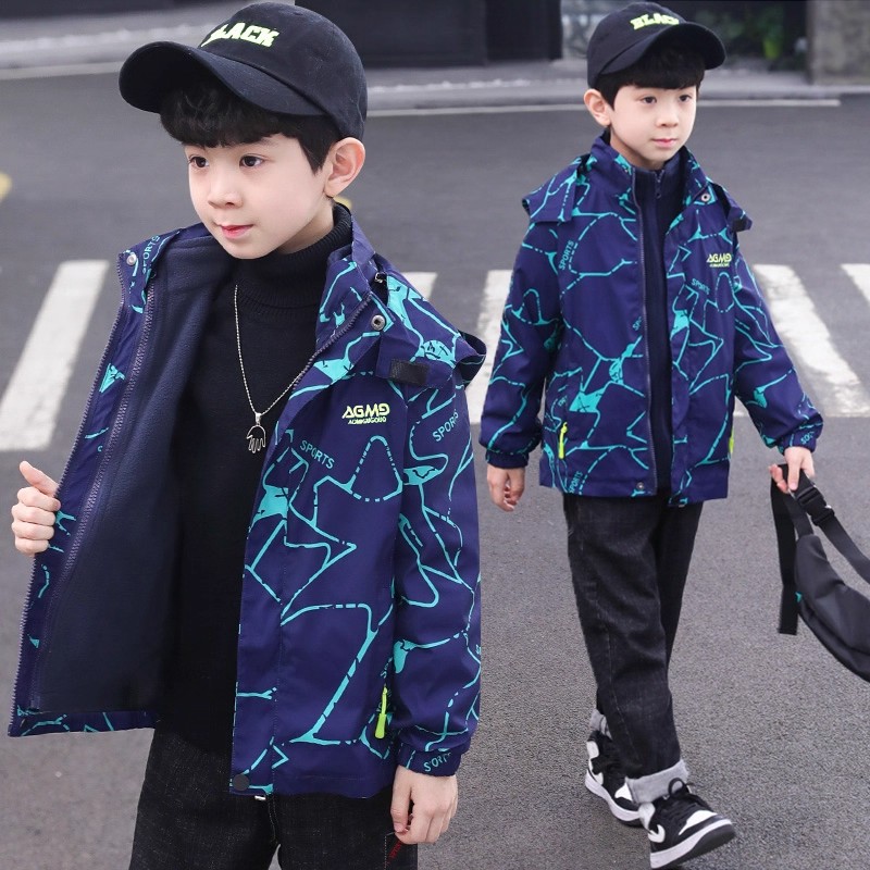 儿童装男童冲锋衣2025新款男孩秋冬季加绒加厚三合一可拆卸外