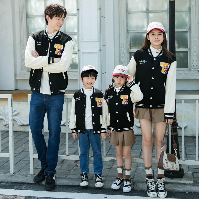 炸街高端亲子装秋冬季加绒棒球服一家三口母女母子装网红潮牌外套