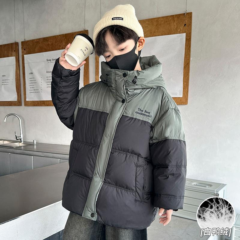 男童羽绒服冬季痞帅外套2025中大童冬装外套拼接男孩加厚保暖