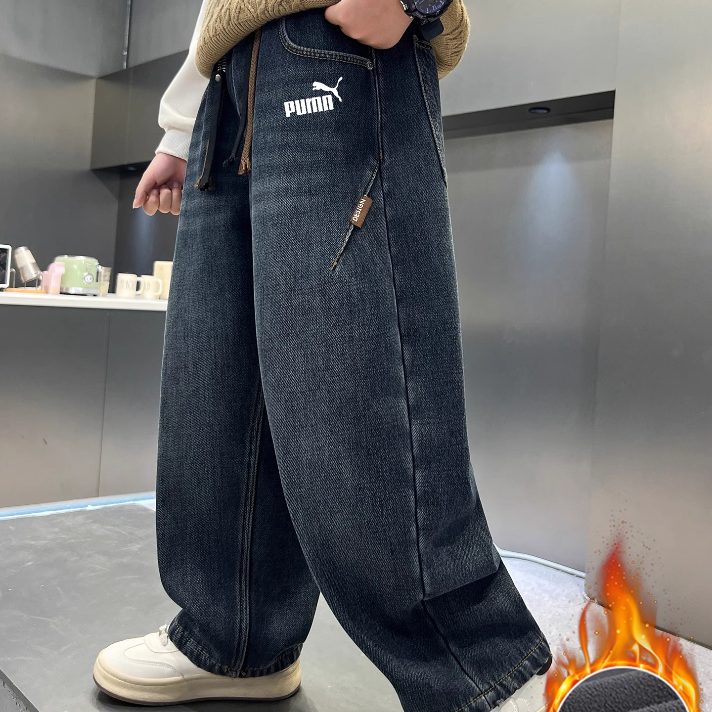 奥莱专柜男童裤子秋冬款2025新款中大童男孩直筒裤儿童加绒牛