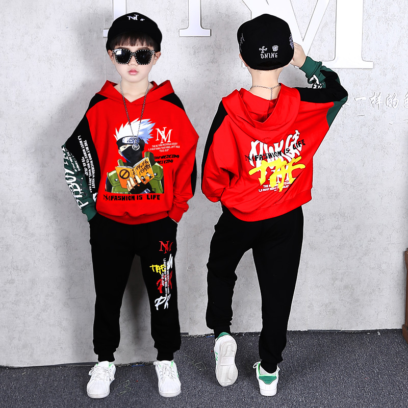 男童套装红色加绒冬装春秋新年男孩动漫中大童儿童帅气两件套春装