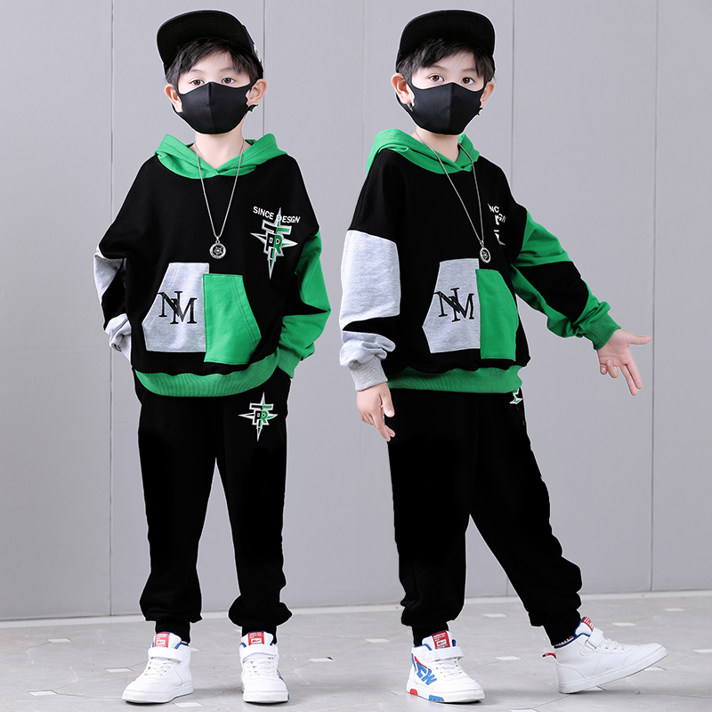 男童春秋套装春装韩版新中大童儿童卫衣帅气绿色运动休闲两件套潮