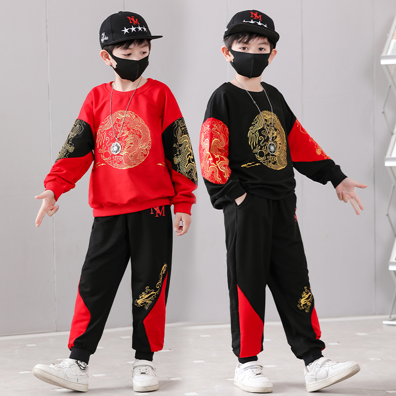 男童套装春秋装2025新款男孩中大童国风卫衣帅气红色休闲两件